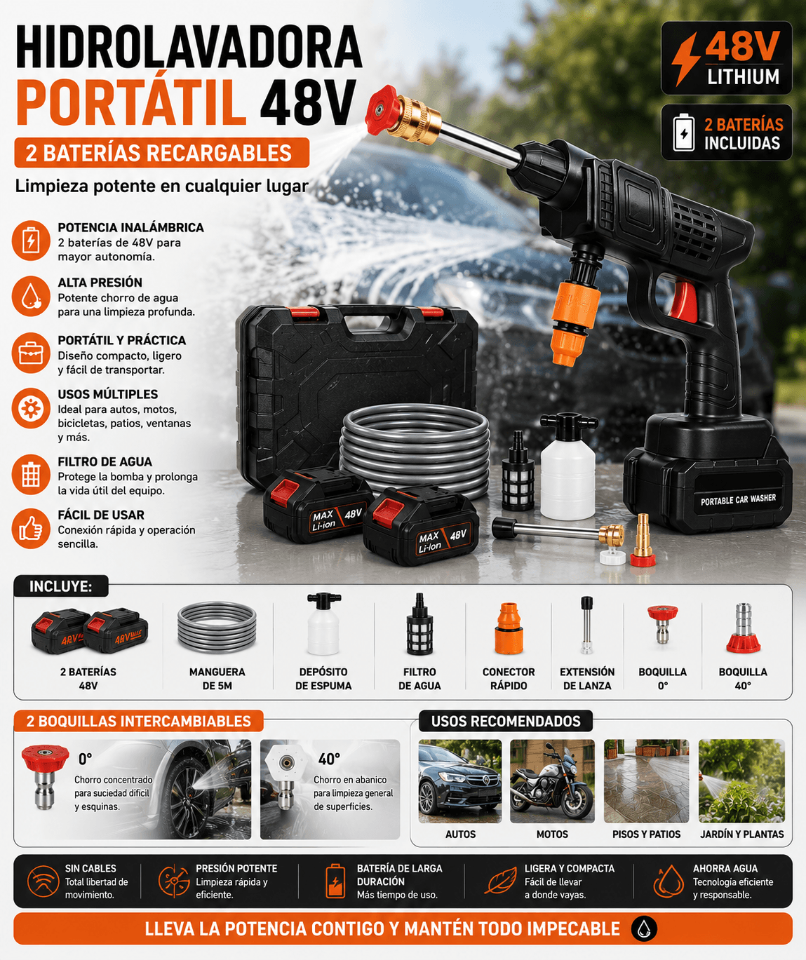 Hidrolavadora Portatil 48V 2 Baterias