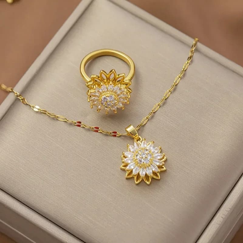 ANILLO GIRASOL DORADO+ COLLAR GIRASOL DORADO EN CAJA