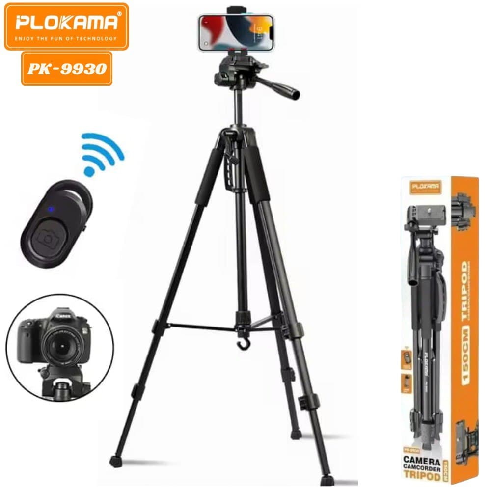 Tripode Soporte Adaptable Para Camara Y Celular Con Control Bluetooth Plokama Pk-9930 1.50mts Negro