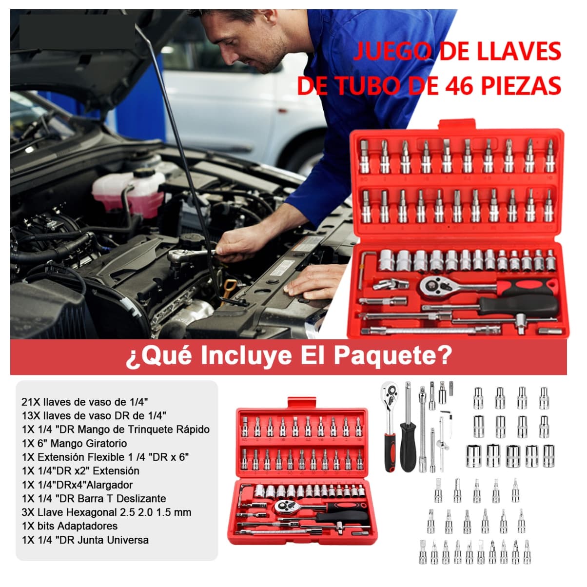  Juego Llave Tubo Kit 46 Piezas Estuche