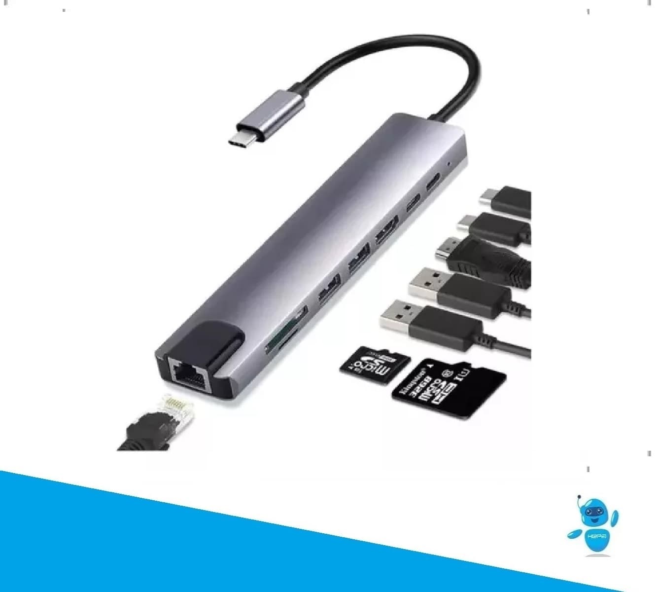 Adaptador 8 en 1 tipo C Lan Tf Sd Hdmi