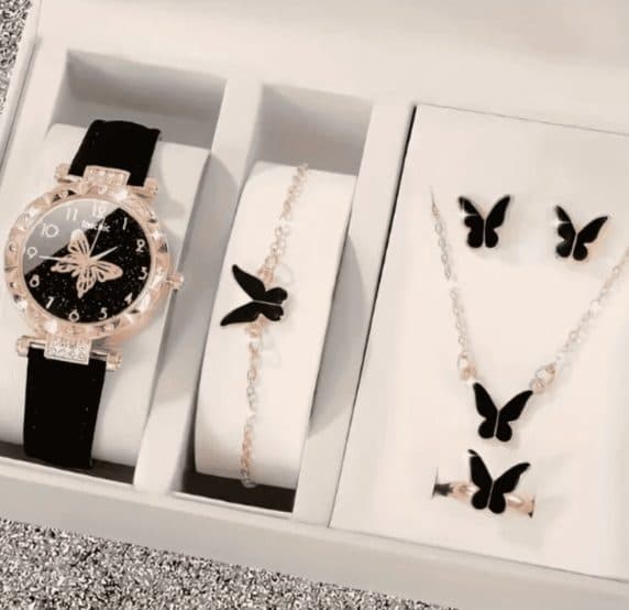 Reloj Negro Maripositas + Accesorios