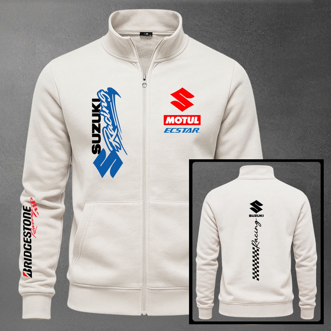 Buzo cuello alto moto suzuki estampado