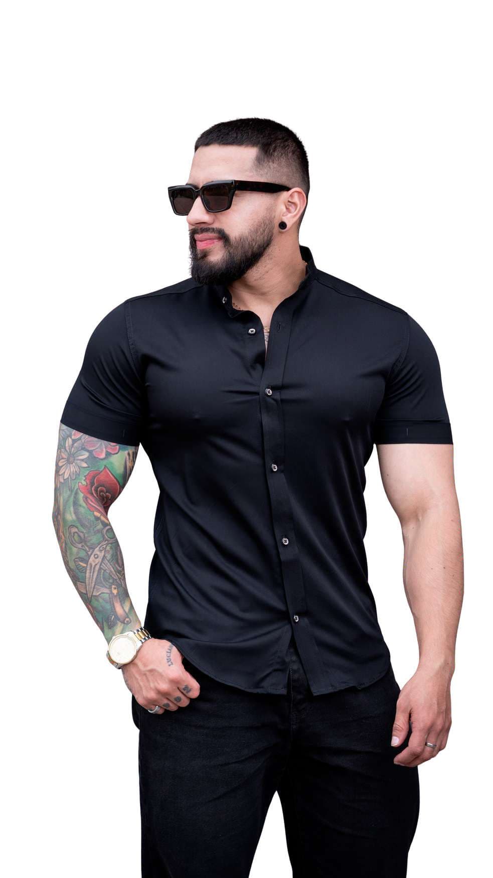 Camisa manga corta en seda fría Negro