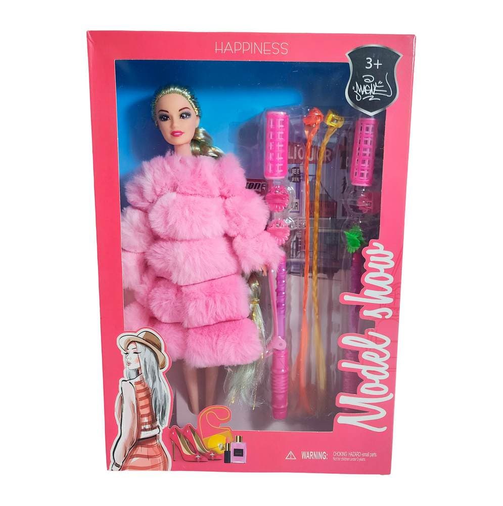 Muñeca Con Abrigo Peludo + Accesorios