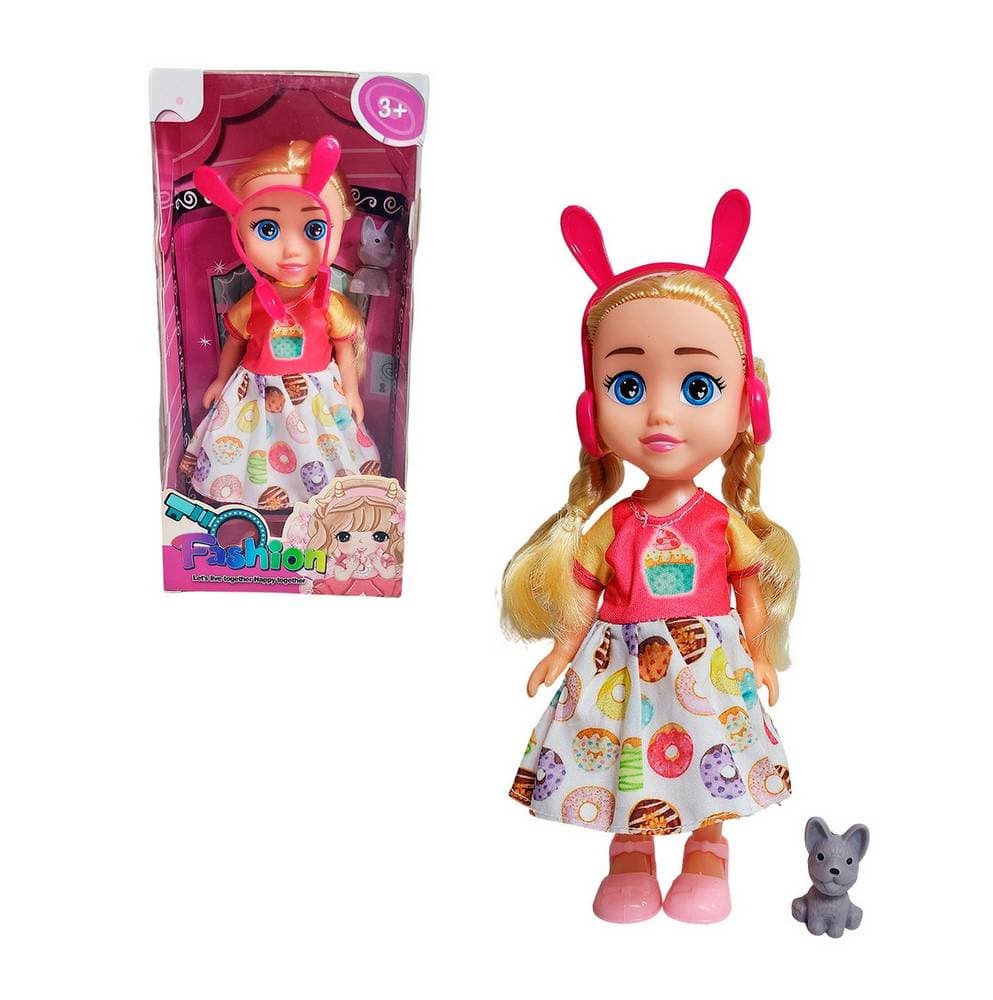 Muñeca Con Vestido Diadema + Mascota Jug