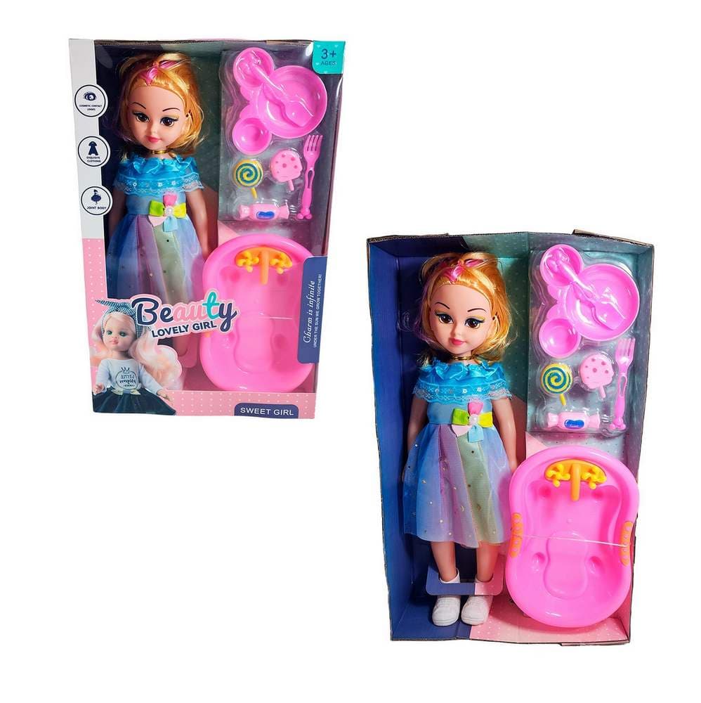 Muñeca Con Vestido Bañera + Accesorios