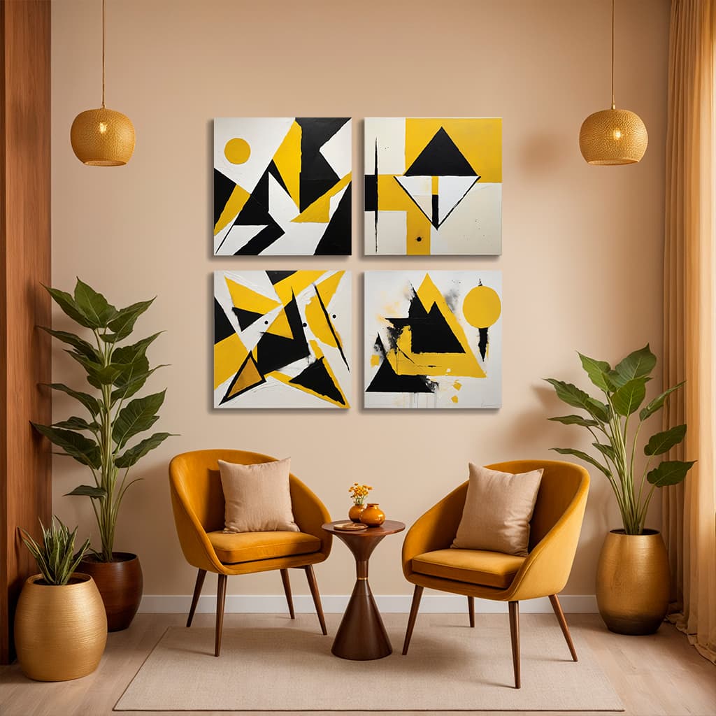 Lienzo Geometría Energía Amarilla Set x4