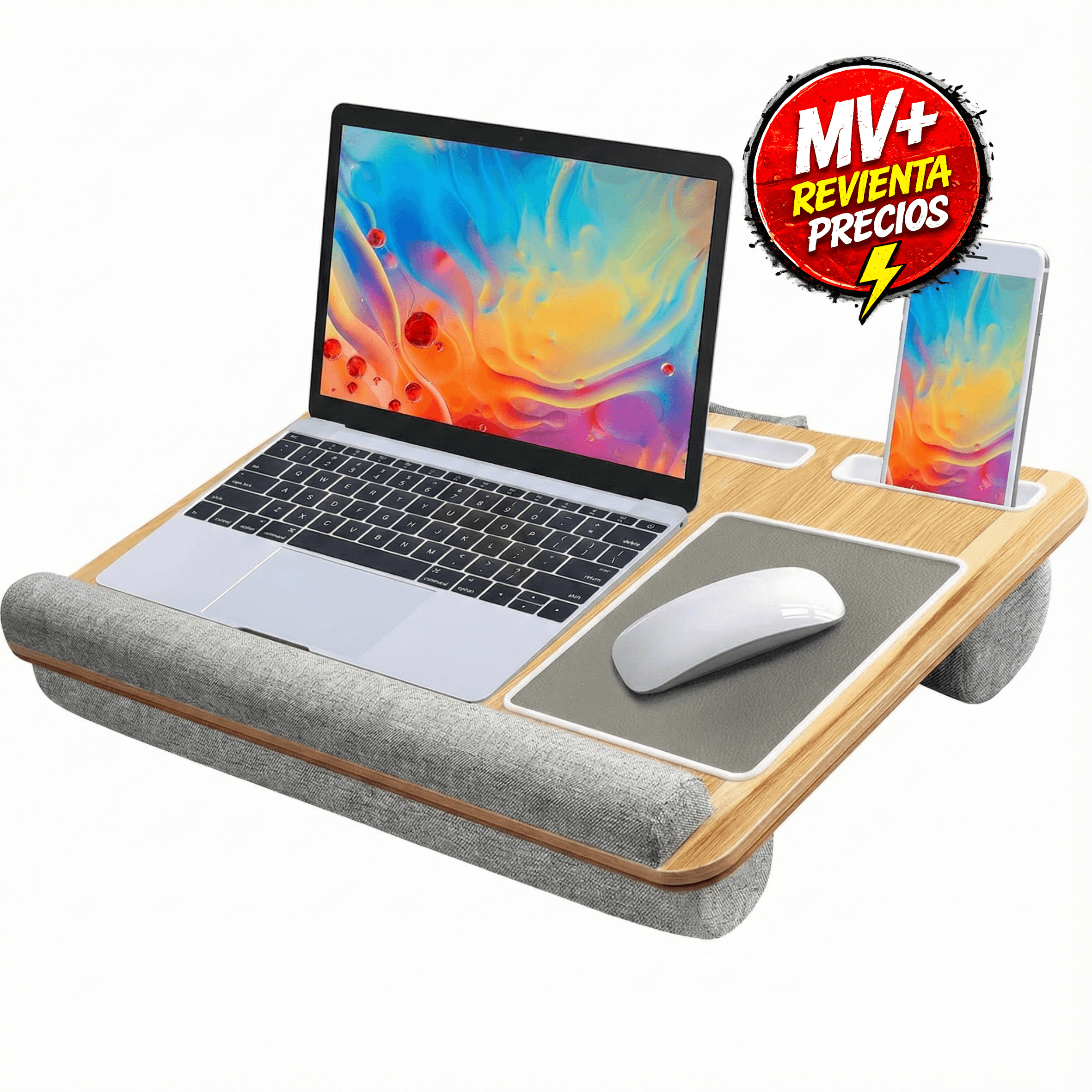 Mesa portátil para laptop con almohadas