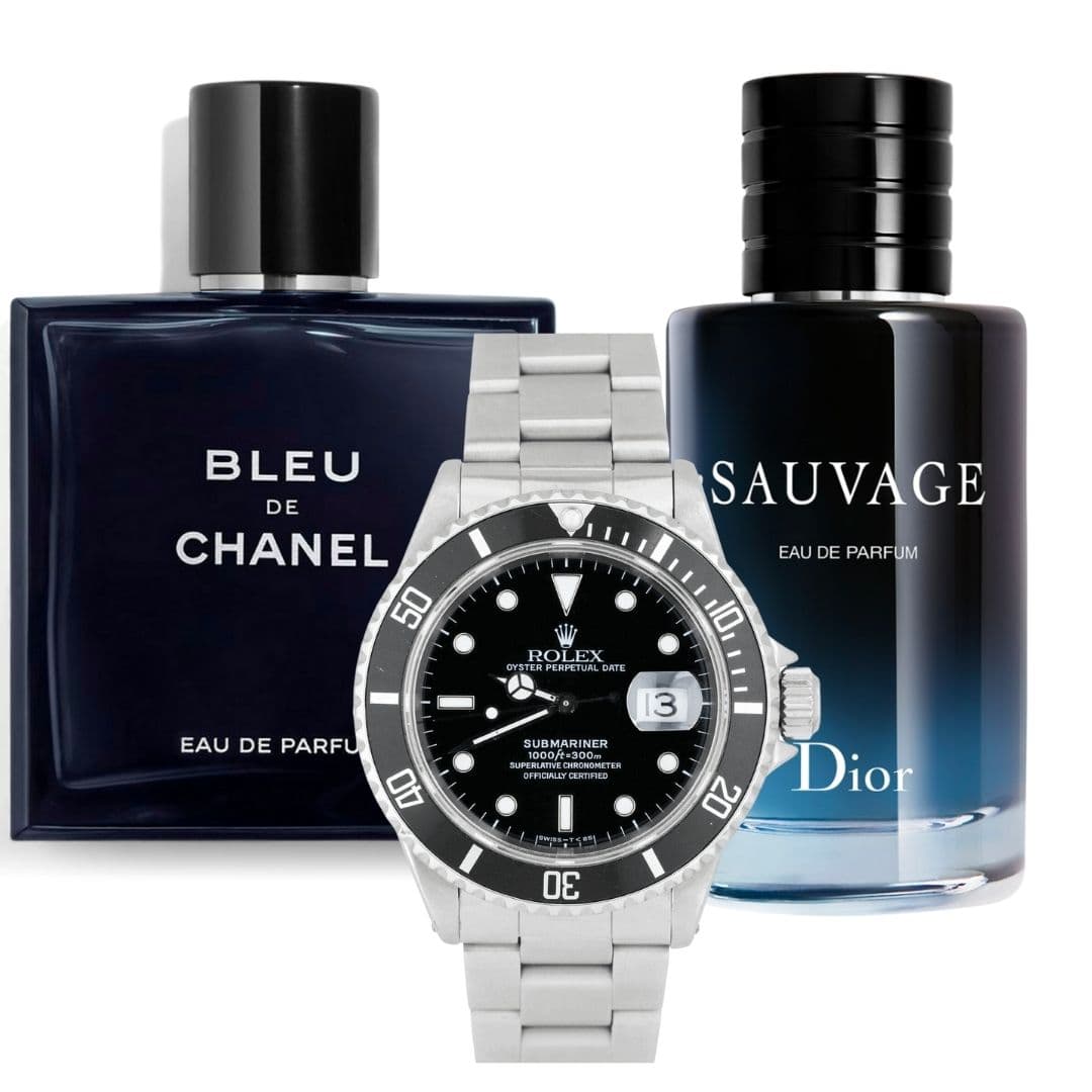 Kit perfumes x2 + reloj rolex plata negr